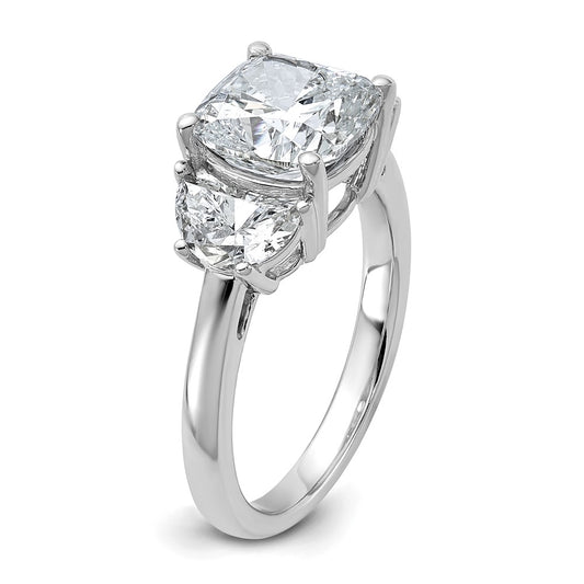 14K White Gold 4 carat Certified Lab Grown Diamond VS+ F+ Complete Cushion and Half Moon Three Stone Engagement Ring