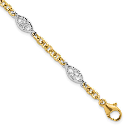 14K Two-Tone Gold Two-tone Polished 6.5mm Fancy Cable Chain and Filigree Oval 7.25 Inch Bracelet