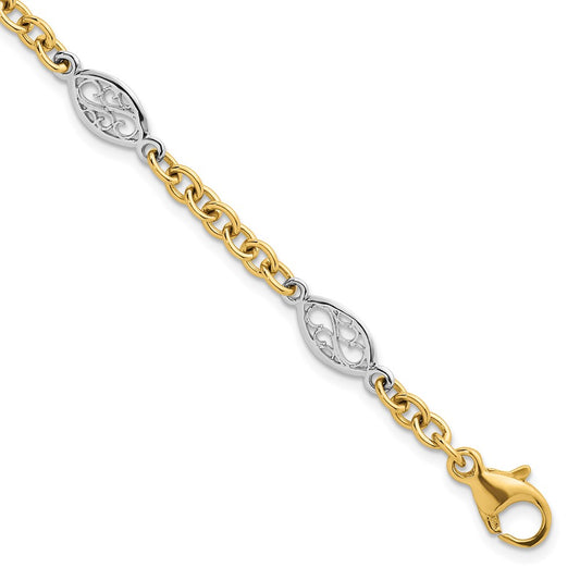14K Two-Tone Gold Two-tone Polished 6.5mm Fancy Cable Chain and Filigree Oval 7.25 Inch Bracelet