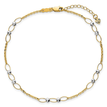 14K Two-Tone Gold Two-tone Oval Links and Mirror Beads 9 Inch Plus 1 Inch Extender - Total 10 Inch Anklet