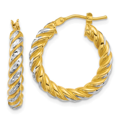 14K Yellow Gold with Rhodium Polished Diamond-cut Twisted 3.75mm Tube Hoop Earrings