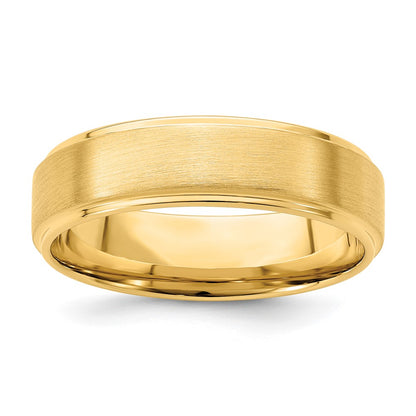 14K Yellow Gold 6mm Heavyweight Comfort Fit Brushed Satin/Polished Stepped Edge Wedding Band Ring