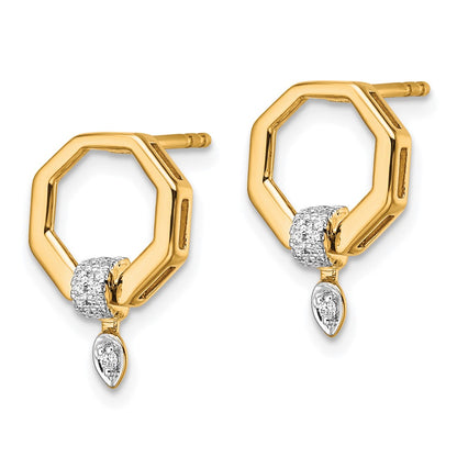 14K Yellow Gold Polished 1/10 carat Diamond Octagon Drop Post Earrings