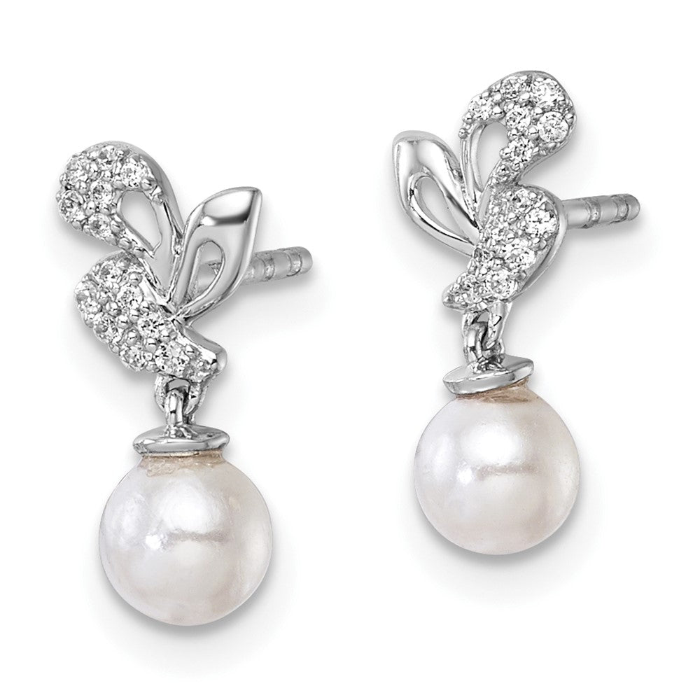 14K White Gold Polished 1/10 carat Diamond and White Freshwater Cultured Pearl Dangle Post Earrings