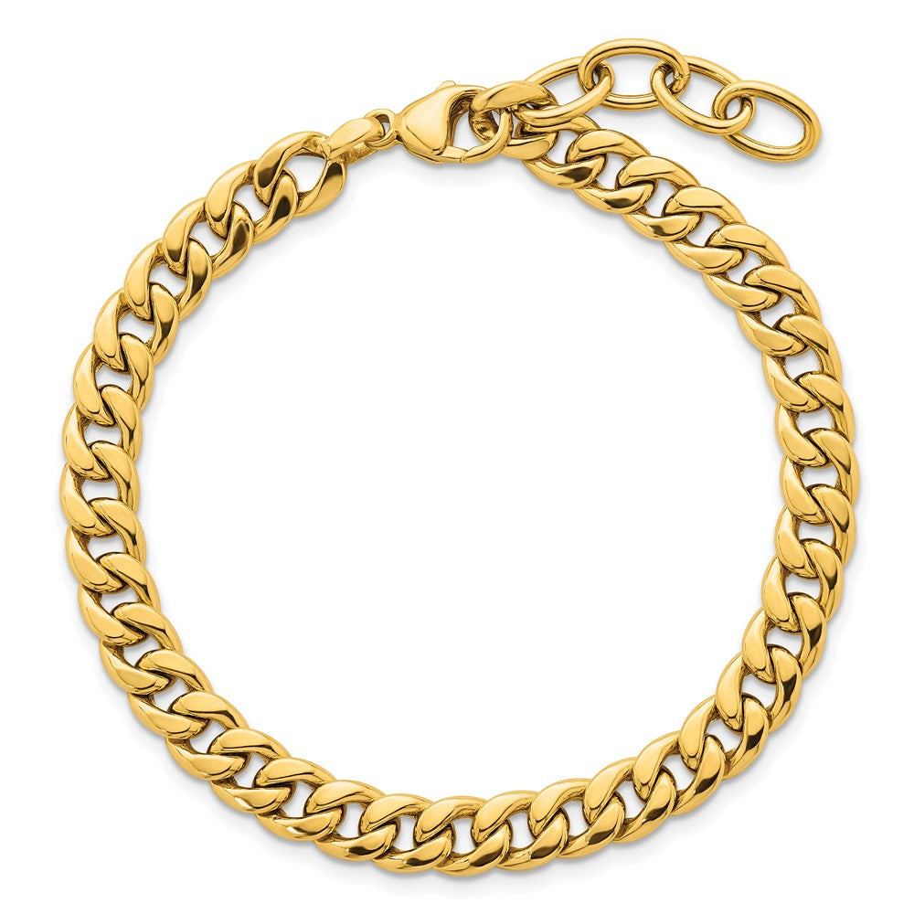 14K Yellow Gold Polished 6.5mm Flat Curb Chain 7.5 Inch Bracelet Plus 1 Inch Extender