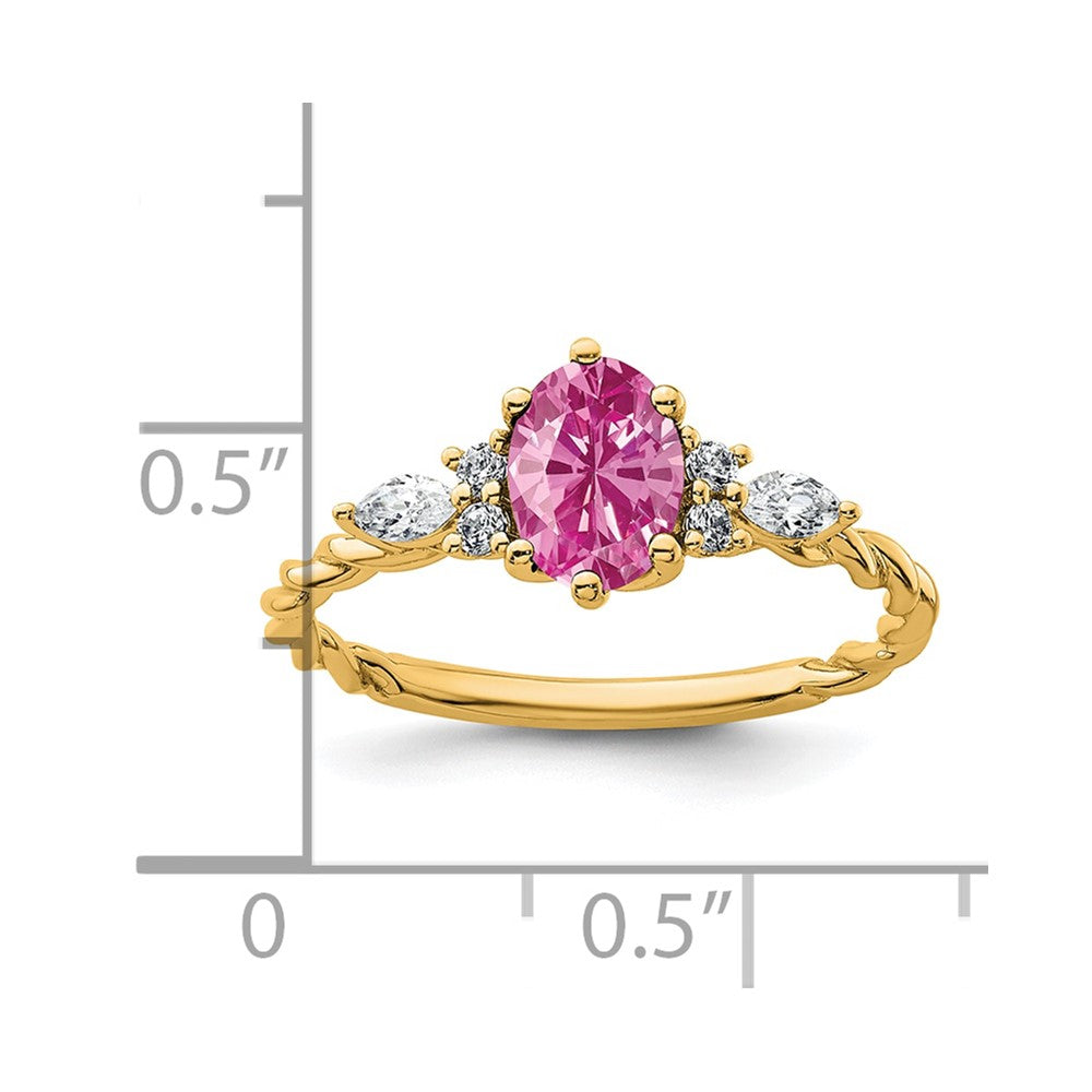 14K Yellow Gold Diamond and 7x5 Oval October/Lab Created Pink Sapphire Size 7 Twisted Ring