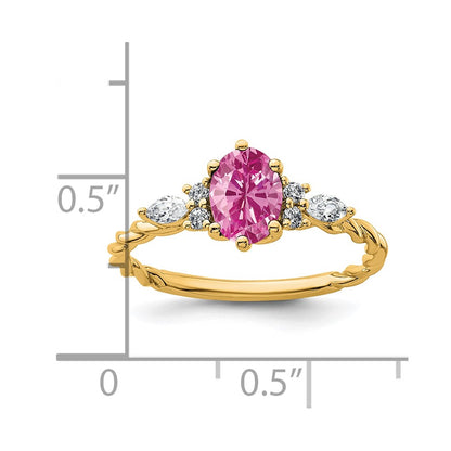 14K Yellow Gold Diamond and 7x5 Oval October/Lab Created Pink Sapphire Size 7 Twisted Ring
