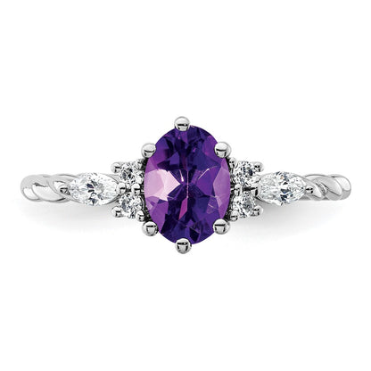 14K White Gold Diamond and 7x5 Oval February/Amethyst Size 7 Twisted Ring