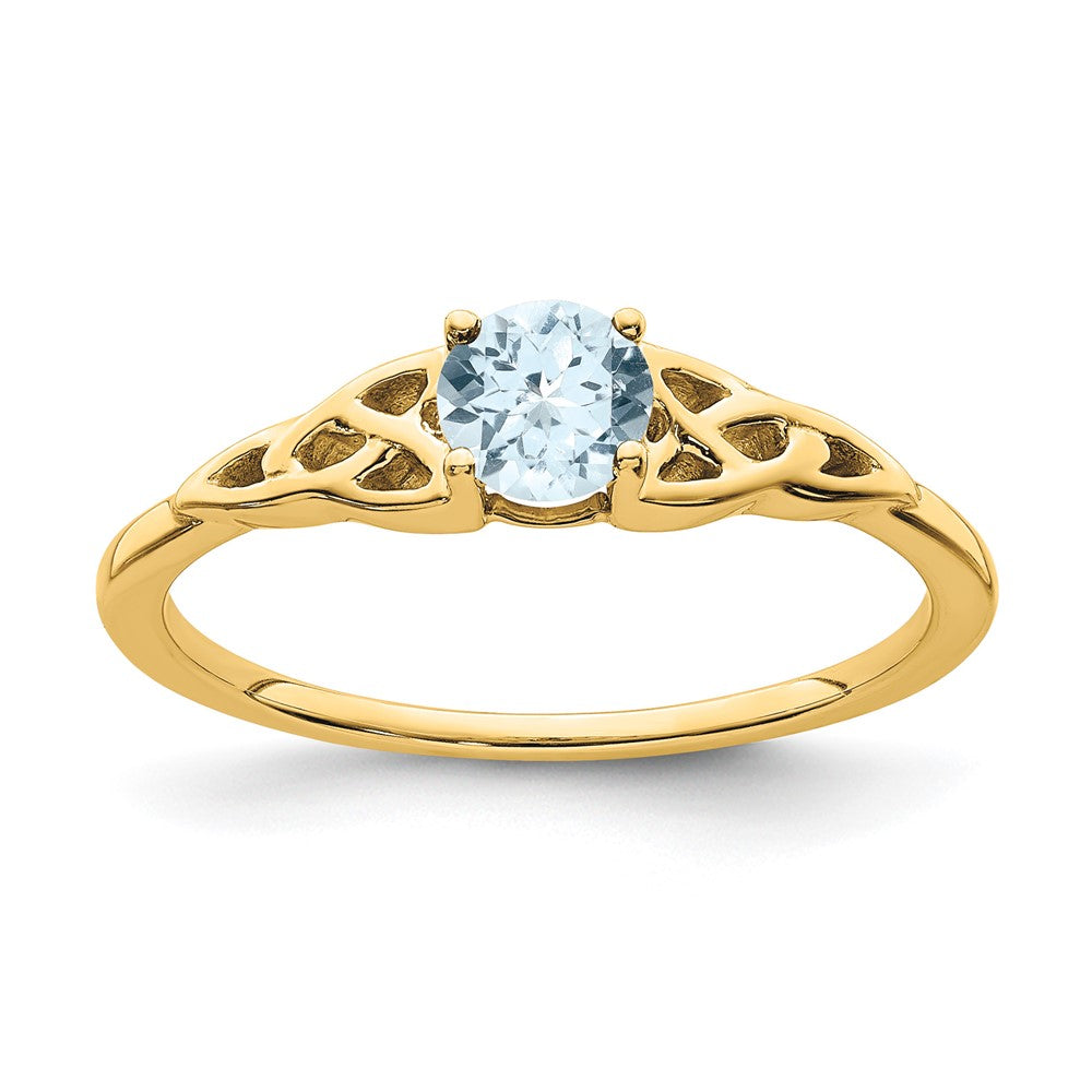 14K Yellow Gold 4.5mm Round Aquamarine Celtic Knot Ring