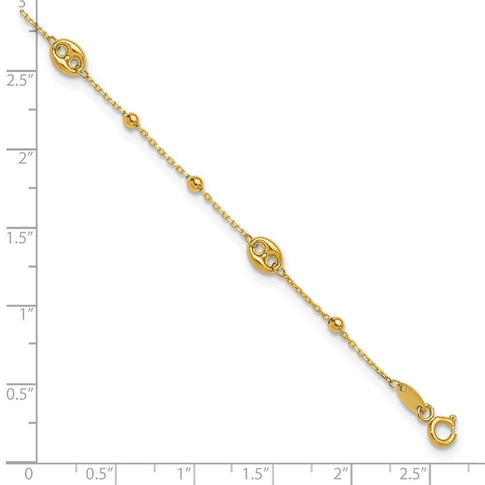 14K Yellow Gold Puffed Mariner Beaded 9 Inch Plus 1 Inch Extender - Total 10 Inch Anklet