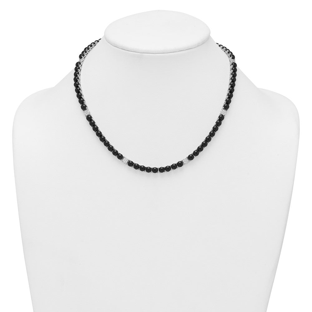 Sterling Silver Rhodium-plated Polished Pave CZ and Onyx 17 Inch with 3 Inch Extension Necklace