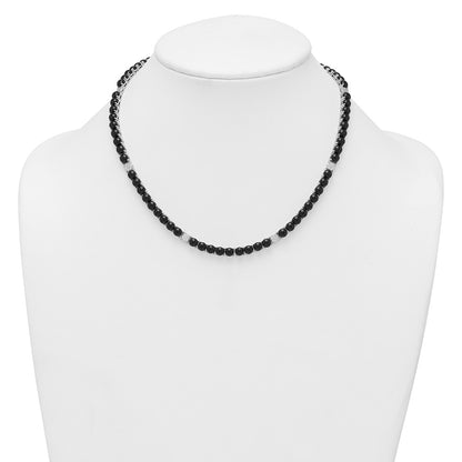 Sterling Silver Rhodium-plated Polished Pave CZ and Onyx 17 Inch with 3 Inch Extension Necklace