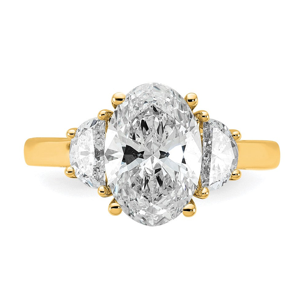 14K Yellow Gold 3 1/8 carat Certified Lab Grown Diamond VS+ F+ Complete Oval and Half Moon Three Stone Engagement Ring