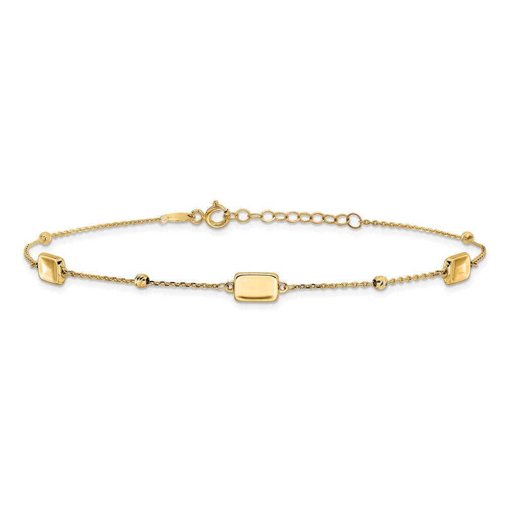 14K Yellow Gold Rectangle and Diamond-cut Bead 9 Inch Plus 1 Inch Extender - Total 10 Inch Anklet