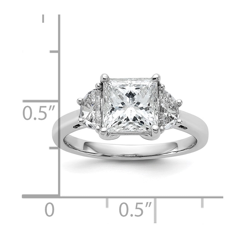 14K White Gold 2 1/2 carat Certified Lab Grown Diamond VS/SI+ G+ Princess and Half Moon Complete Three Stone Engagement Ring