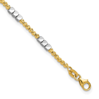 14K Two-Tone Gold Two-tone Diamond-cut Round and Square Beaded 7.5 Inch Bracelet