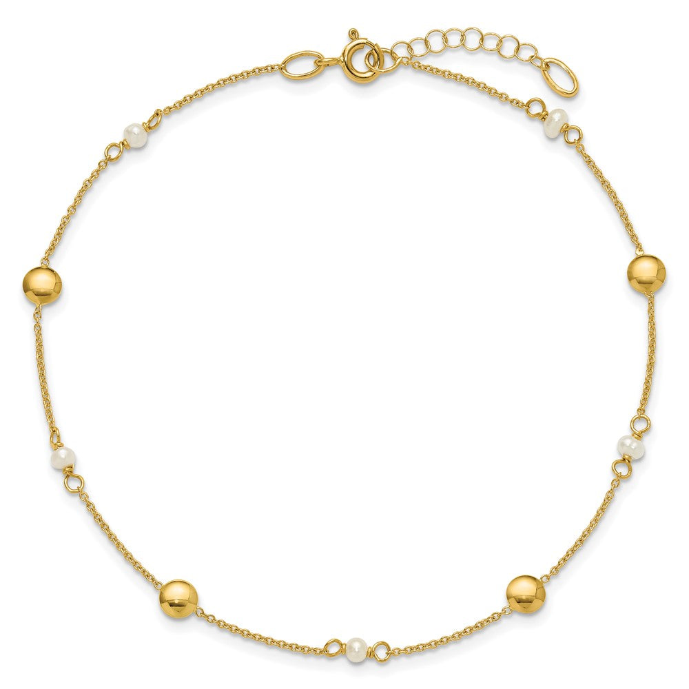 14K Yellow Gold Freshwater Cultured Pearl / Round Beads 9 Inch Plus 1 Inch Extender - Total 10 Inch Anklet