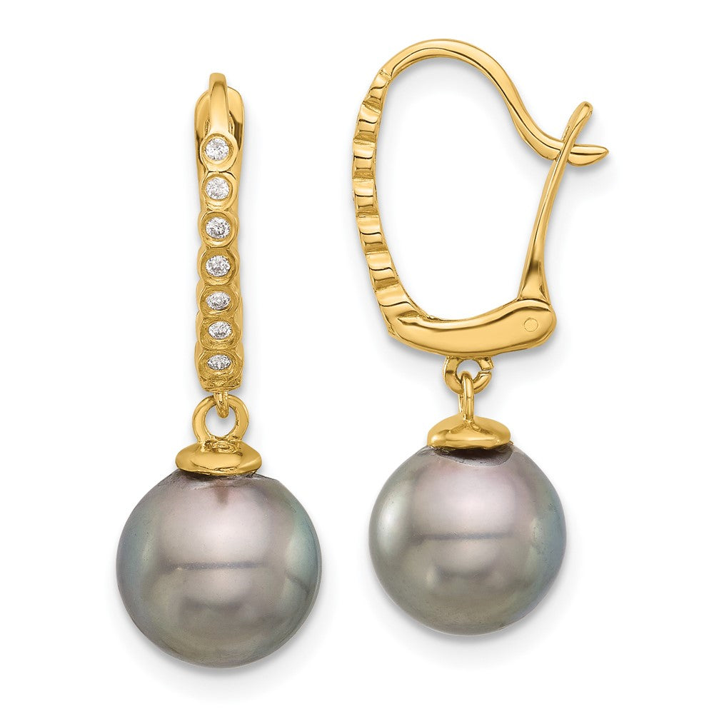 14K Yellow Gold 8-9mm Black Round Tahitian Saltwater Cultured Pearl and .07 Carat Diamond Leverback Dangle Earrings