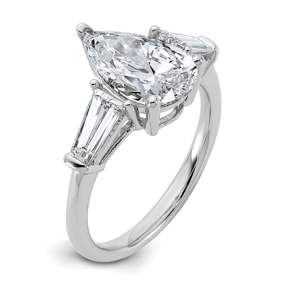 14K White Gold 3 1/3 carat Certified Lab Grown Diamond VS+ F+ Pear and Tapered Baguette Complete Engagement Ring