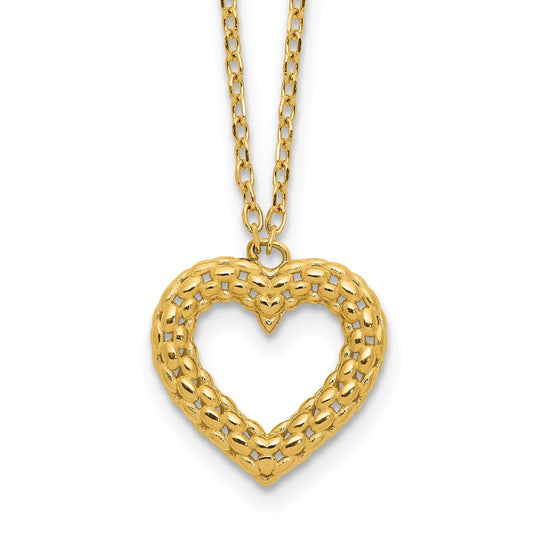 14K Yellow Gold Polished Textured Heart Pendant 18 Inch Necklace