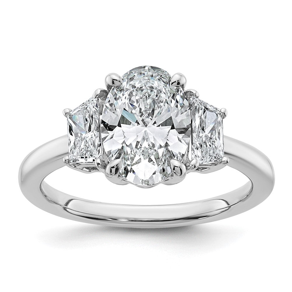 14K White Gold 3/4 carat Lab Grown Diamond VS+ F+ Trapezoid 2 carat Oval Semi Mount Three Stone Engagement Ring