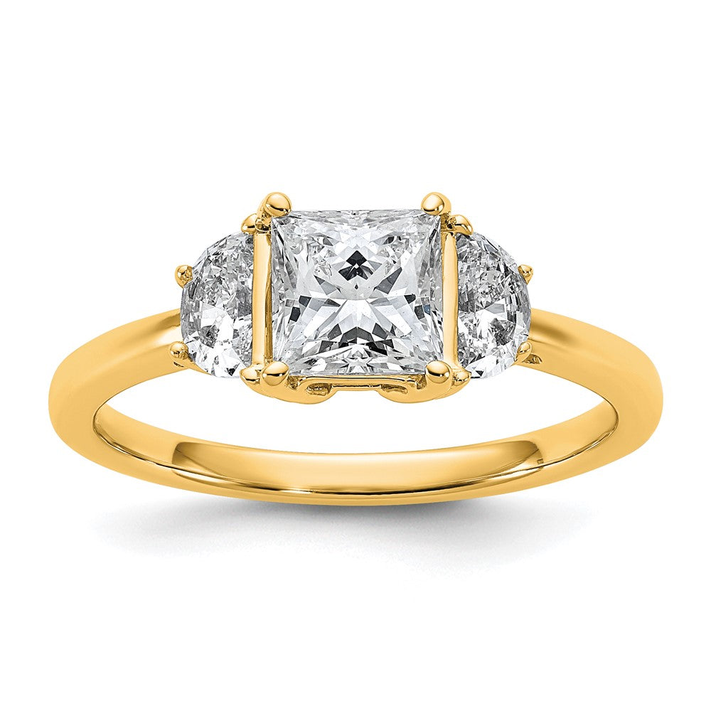14K Yellow Gold 1 3/8 carat Certified Lab Grown Diamond VS/SI+ G+ Princess and Half Moon Complete Three Stone Engagement Ring