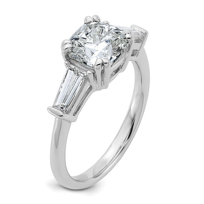 14K White Gold 2 5/8 carat Lab Grown Diamond VS+ F+ Cushion and Tapered Baguette Complete Three Stone Engagement Ring
