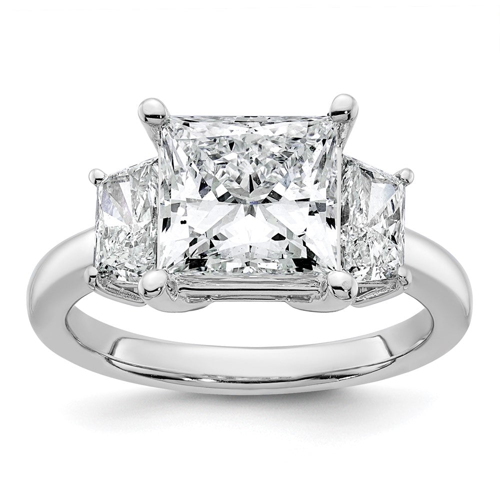 14K White Gold 1 carat Lab Grown Diamond VS+ F+ Trapezoid 3 carat Princess Center Semi Mount Three Stone Engagement Ring
