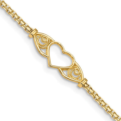 14K Yellow Gold Polished Open Heart with Filigree and Bismark Chain 10 Inch Anklet