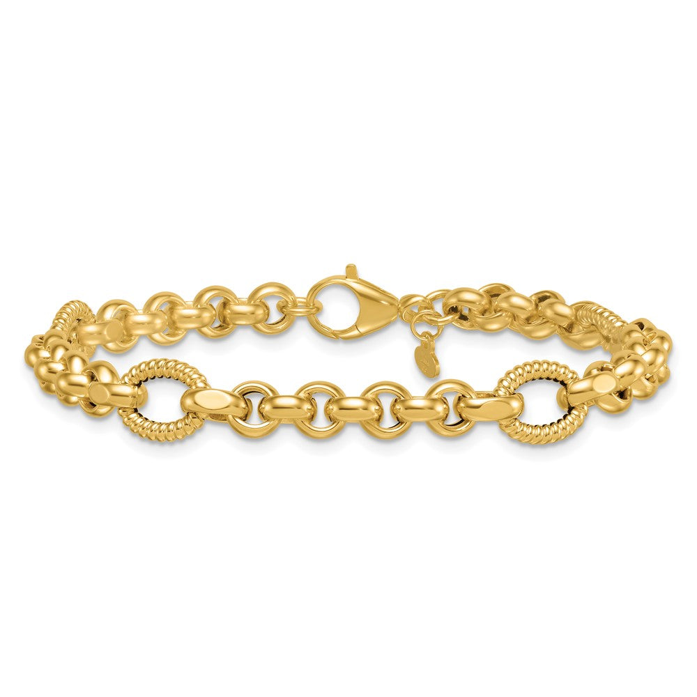 14K Yellow Gold Polished and Textured Rolo and Oval Fancy Chain 7.5 Inch Bracelet