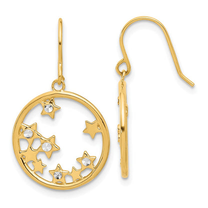 14K Yellow Gold and Rhodium Diamond-cut Stars in Circle Dangle French Hook Earrings