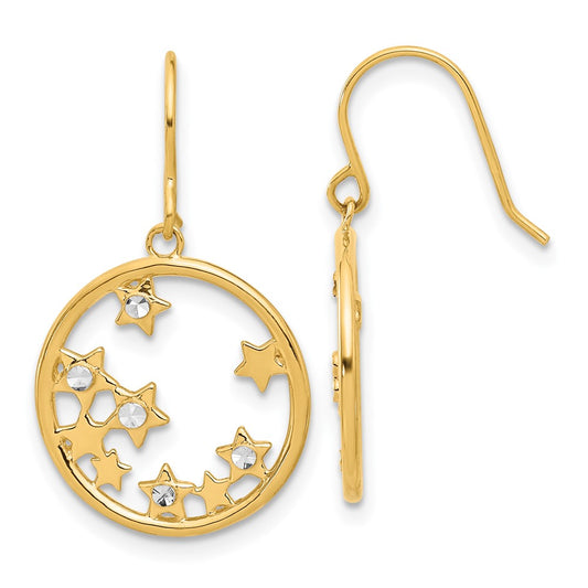 14K Yellow Gold and Rhodium Diamond-cut Stars in Circle Dangle French Hook Earrings