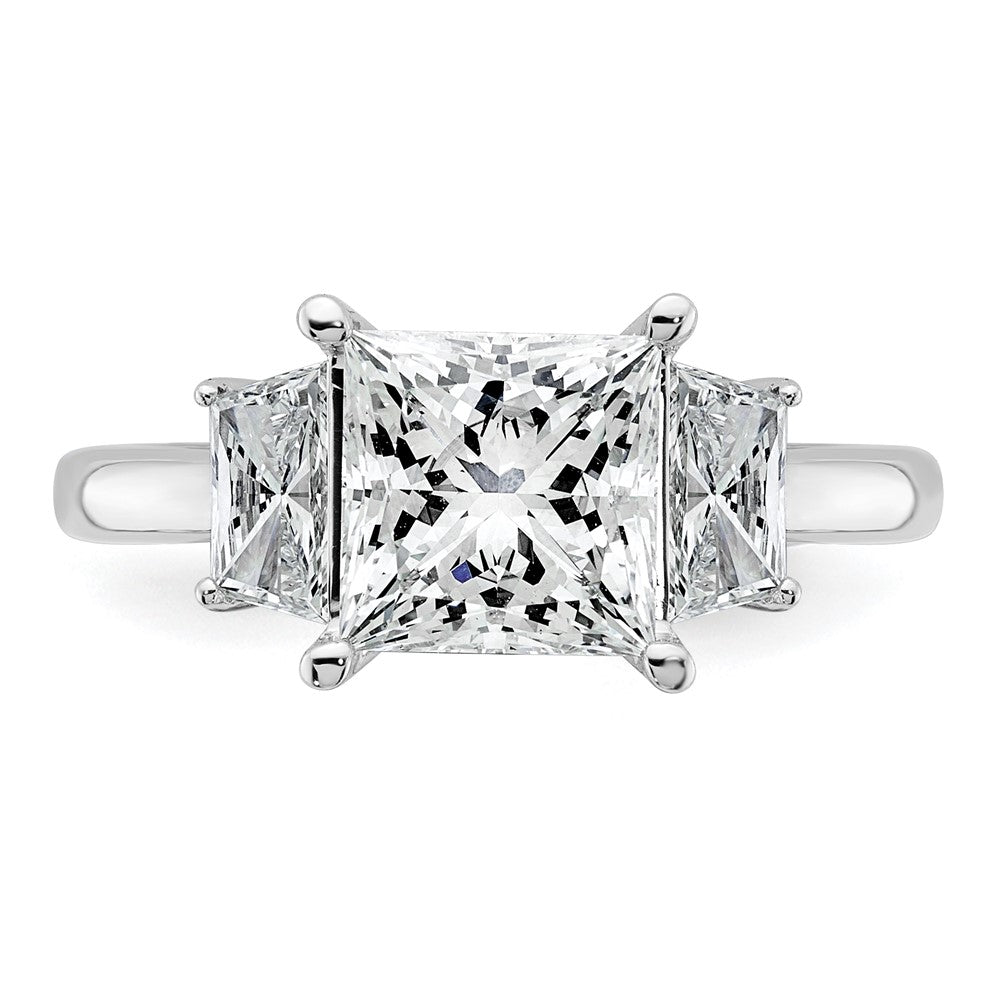 14K White Gold 3/4 carat Lab Grown Diamond VS+ F+ Trapezoid 2 1/2 carat Princess Center Semi Mount Three Stone Engagement Ring