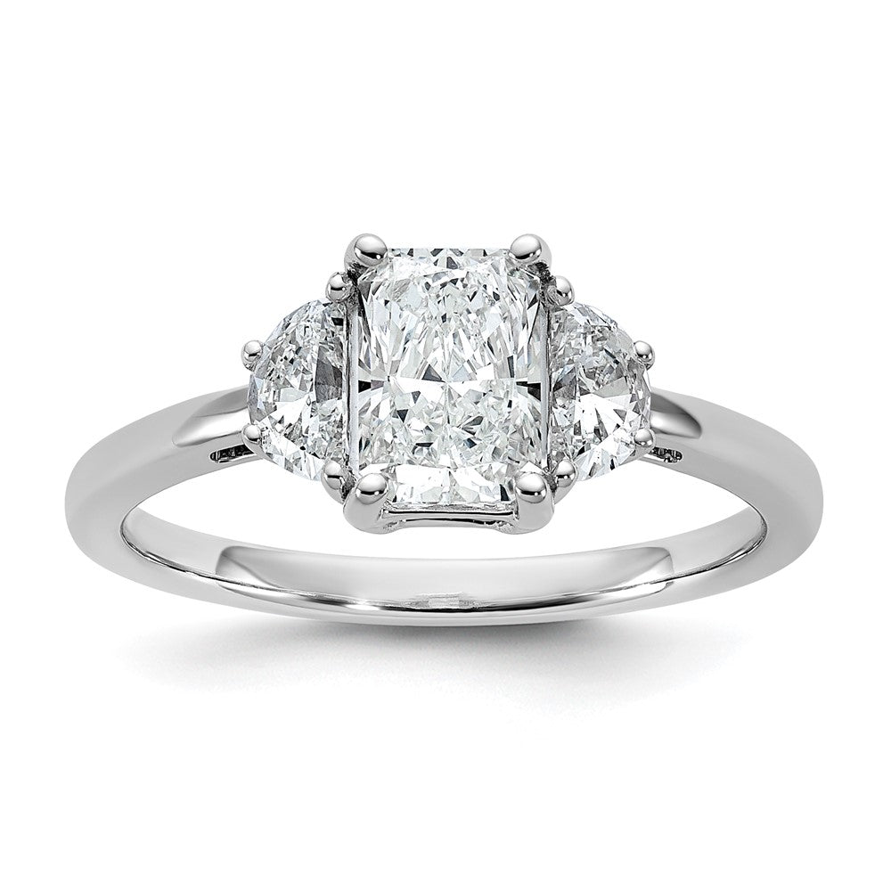 14K White Gold 1 3/8 carat Certified Lab Grown Diamond VS+ F+ Radiant and Half Moon Complete Three Stone Engagement Ring