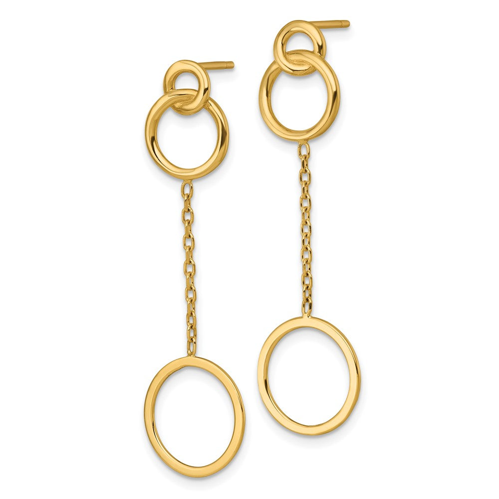 14K Yellow Gold Polished 2 Circles and Chain Dangle Post Earrings
