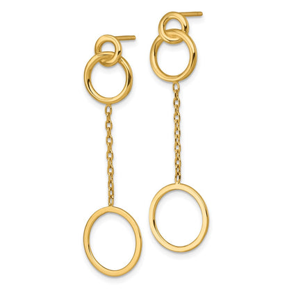 14K Yellow Gold Polished 2 Circles and Chain Dangle Post Earrings