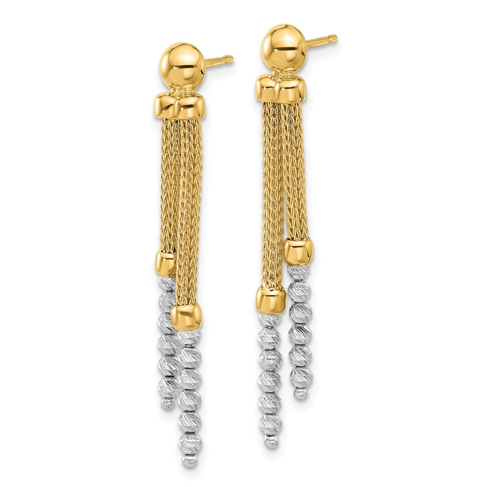 14K Two-Tone Gold Two-tone Polished and Diamond-cut Beads and Mesh Chain Dangle Post Earrings