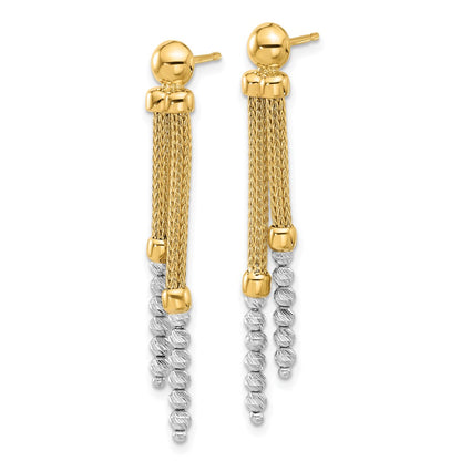 14K Two-Tone Gold Two-tone Polished and Diamond-cut Beads and Mesh Chain Dangle Post Earrings