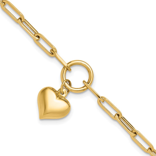 14K Yellow Gold Polished Puffed Heart Dangle Paper Clip Link 7.25 Inch Bracelet