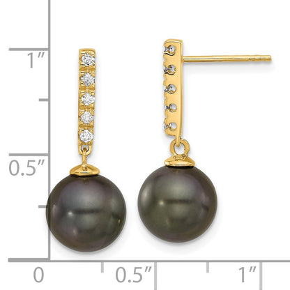 14K Yellow Gold 9-10mm Black Round Tahitian Saltwater Cultured Pearl and .20 Carat Diamond Post Dangle Earrings