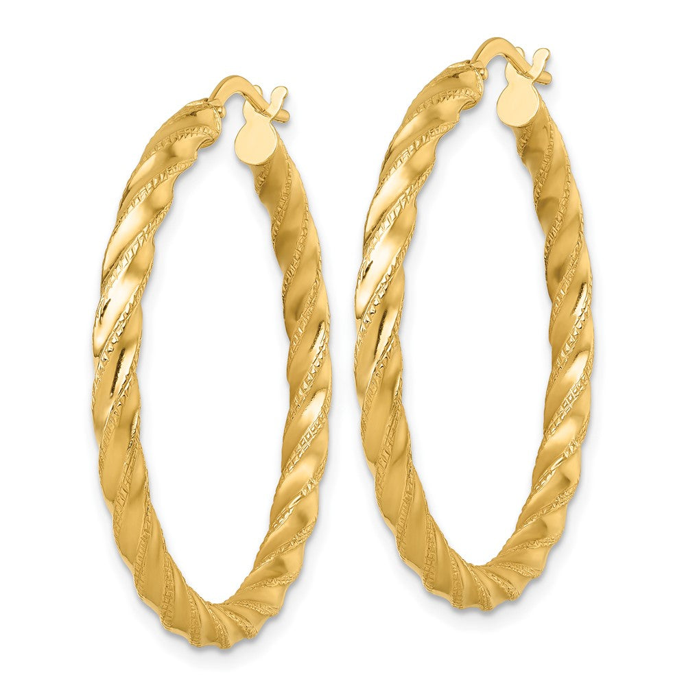14K Yellow Gold Polished Diamond-cut Twisted 3.00 x 35mm Tube Hoop Earrings