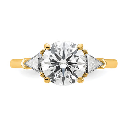14K Yellow Gold 1/2 carat Lab Grown Diamond VS+ F+ Triangle 2 carat Round Semi Mount Three Stone Engagement Ring