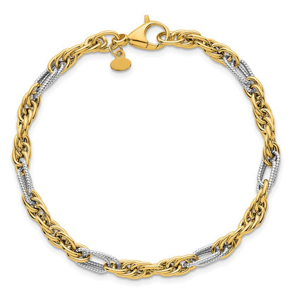 14K Yellow Gold with Rhodium Polished 4.2mm Fancy Rope Chain 7.5 Inch Bracelet