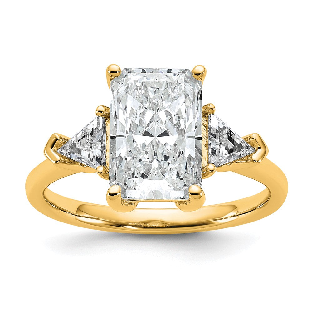 14K Yellow Gold 5/8 carat Lab Grown Diamond VS/SI+ G+ Triangle 2 1/2 carat Radiant Center Semi Mount Three Stone Engagement Ring