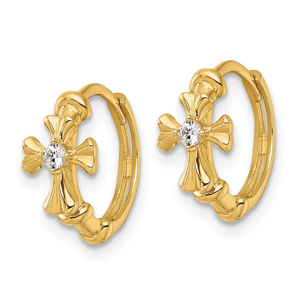 14K Yellow Gold Polished CZ Cross Round Hinged Hoop Earrings