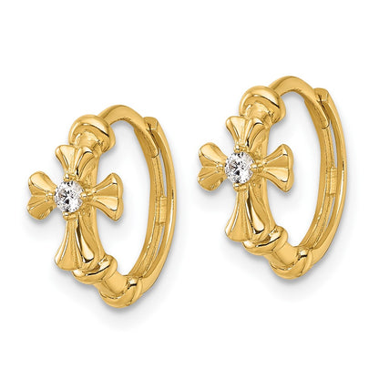 14K Yellow Gold Polished CZ Cross Round Hinged Hoop Earrings