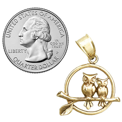 14K Gold Two Owls Perched Encircled Pendant
