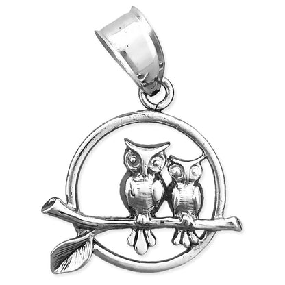 14K Gold Two Owls Perched Encircled Pendant
