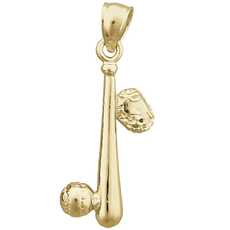 14K Gold 3D Baseball Bat, Ball and Glove Pendant