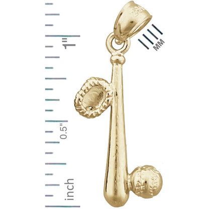 14K Gold 3D Baseball Bat, Ball and Glove Pendant